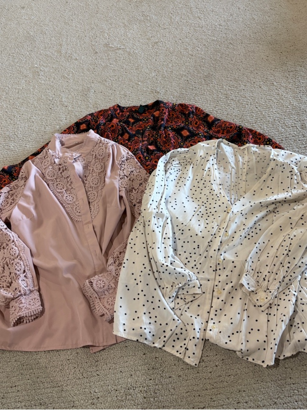GAP Polka Dot White Button-Front Blouse, Pink Lace Blouse and Rue Blouse